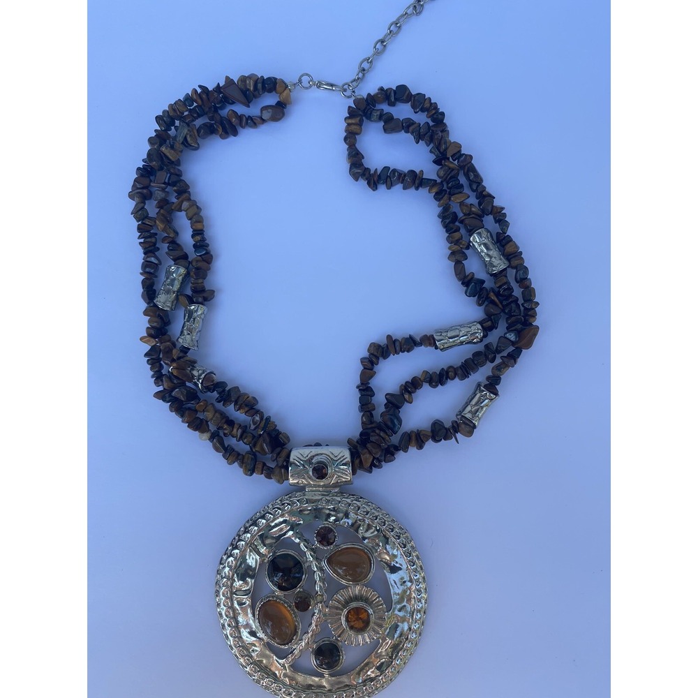 Necklace big pendant brown tone silver tone 17" inches bohemian chic 3"‎ pendant - Picture 11 of 12
